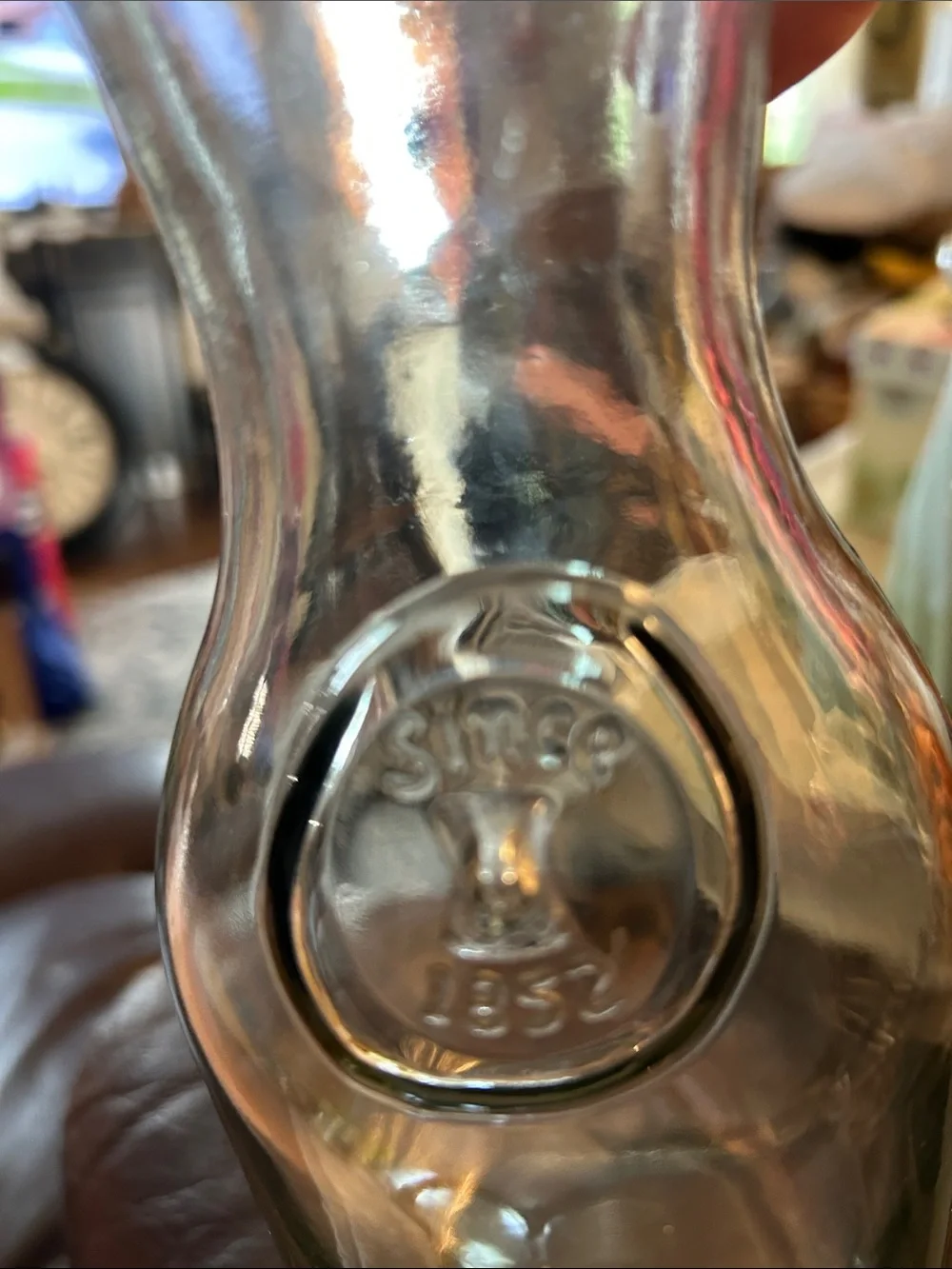 Vintage Paul Mason Clear Glass Milk Bottle Carafe with Embossed Seal & Concave